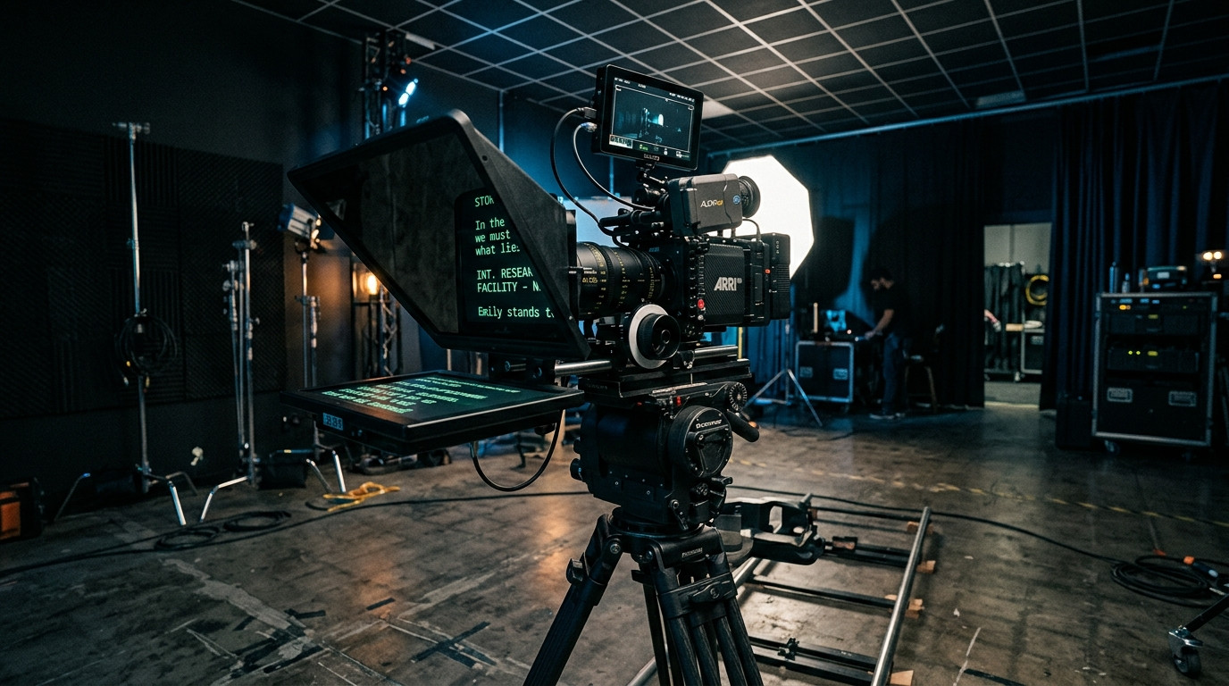 A cinematic video camera rig mounted on a professional fluid head tripod with a balanced beam-splitter teleprompter glass hood in a dark moody studio