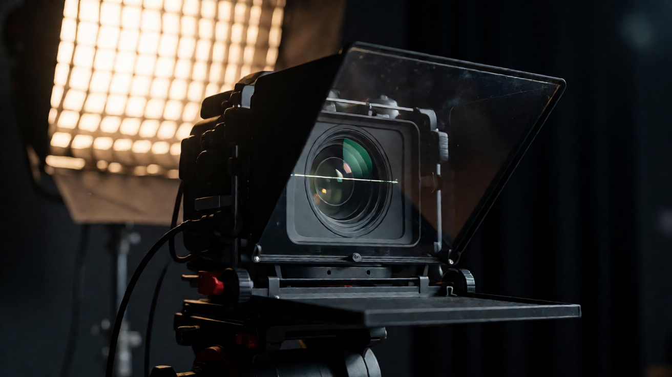 A broadcast studio teleprompter rig with beam-splitter glass glowing softly in a dark studio.