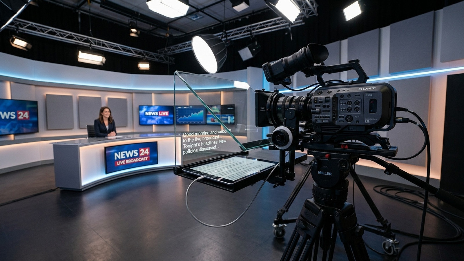 A professional video camera mounted behind a clean beam splitter teleprompter rig in a modern dark studio with soft cinematic lighting