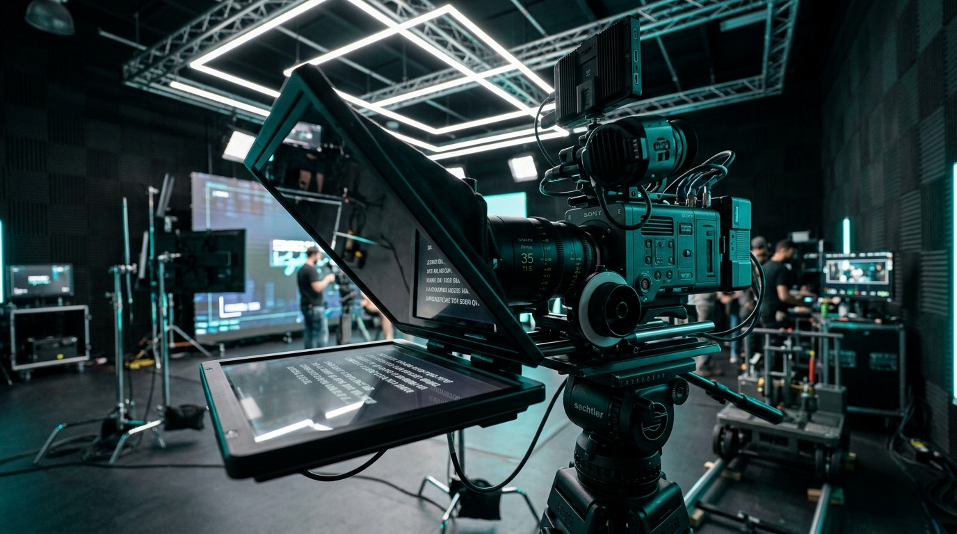 Close-up perspective of a cinema camera lens behind a professional teleprompter beam-splitter glass rig in a modern video studio with soft teal rim lighting