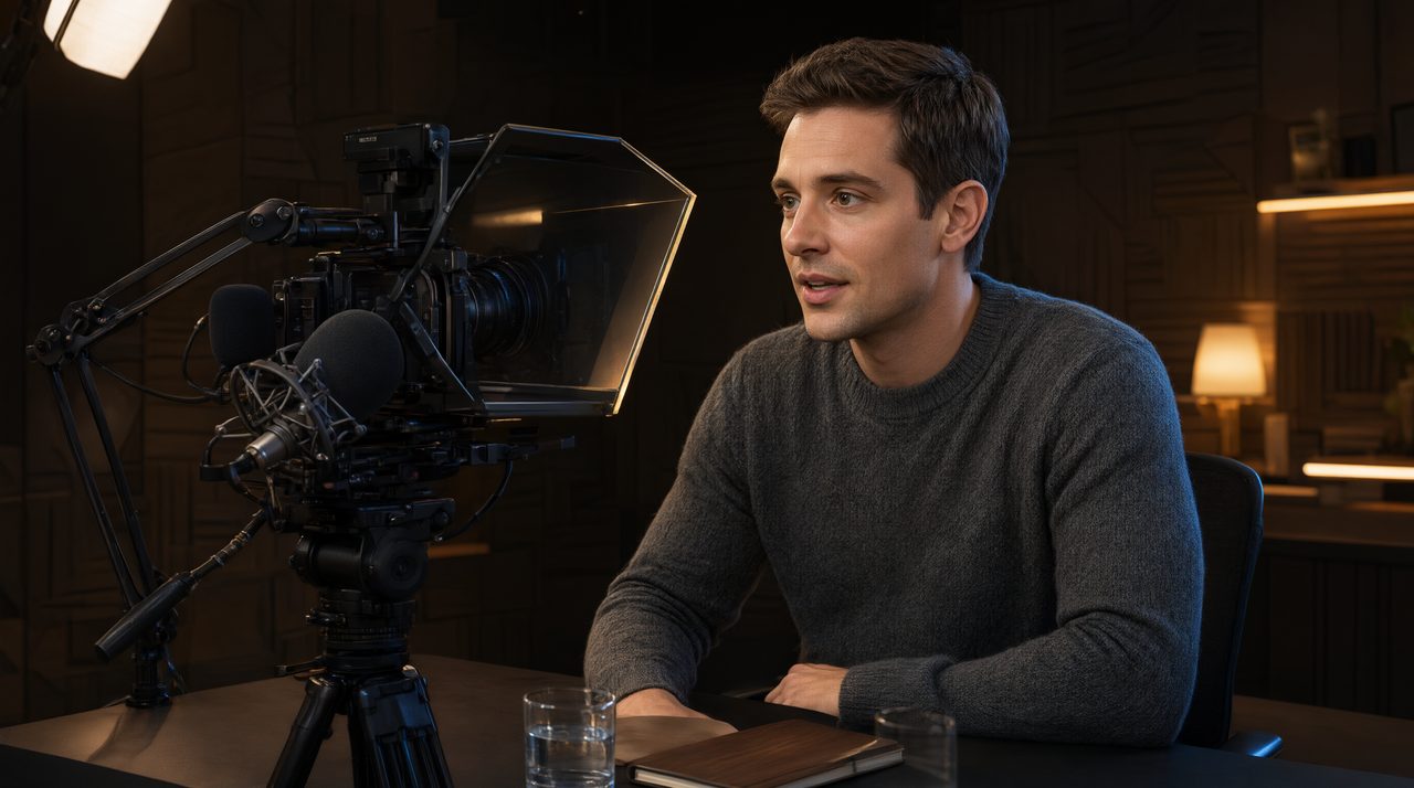 A video podcast host sitting at a desk with a broadcast microphone while a teleprompter rig reflects the script in front of the camera lens.