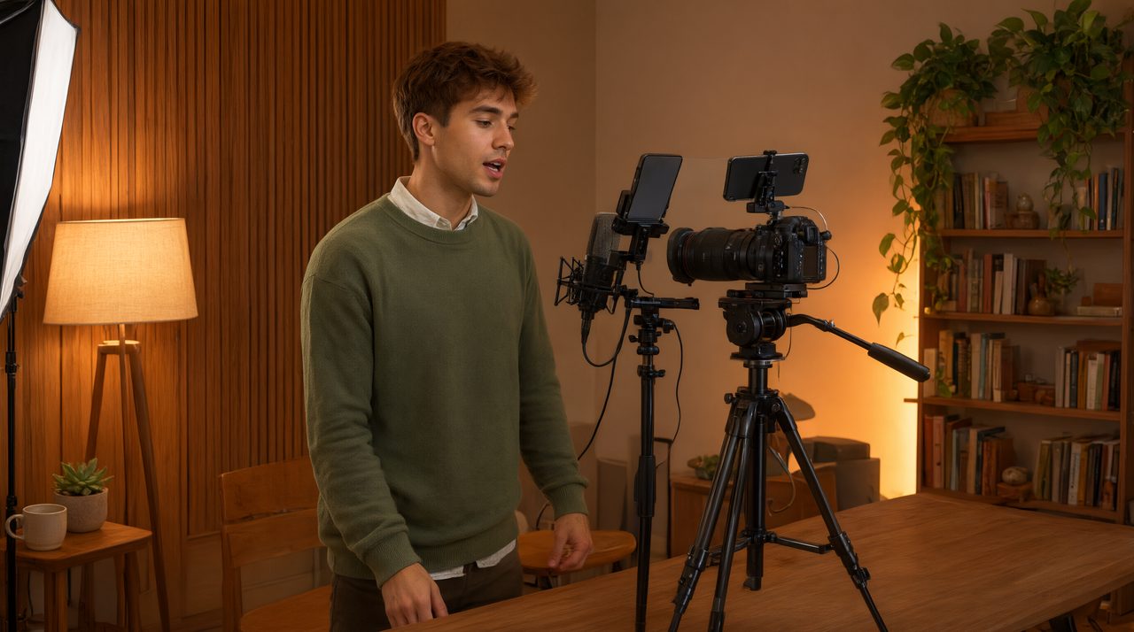 A creator warming up in a home studio, standing before a camera on a tripod with a phone teleprompter rig under soft key lighting.