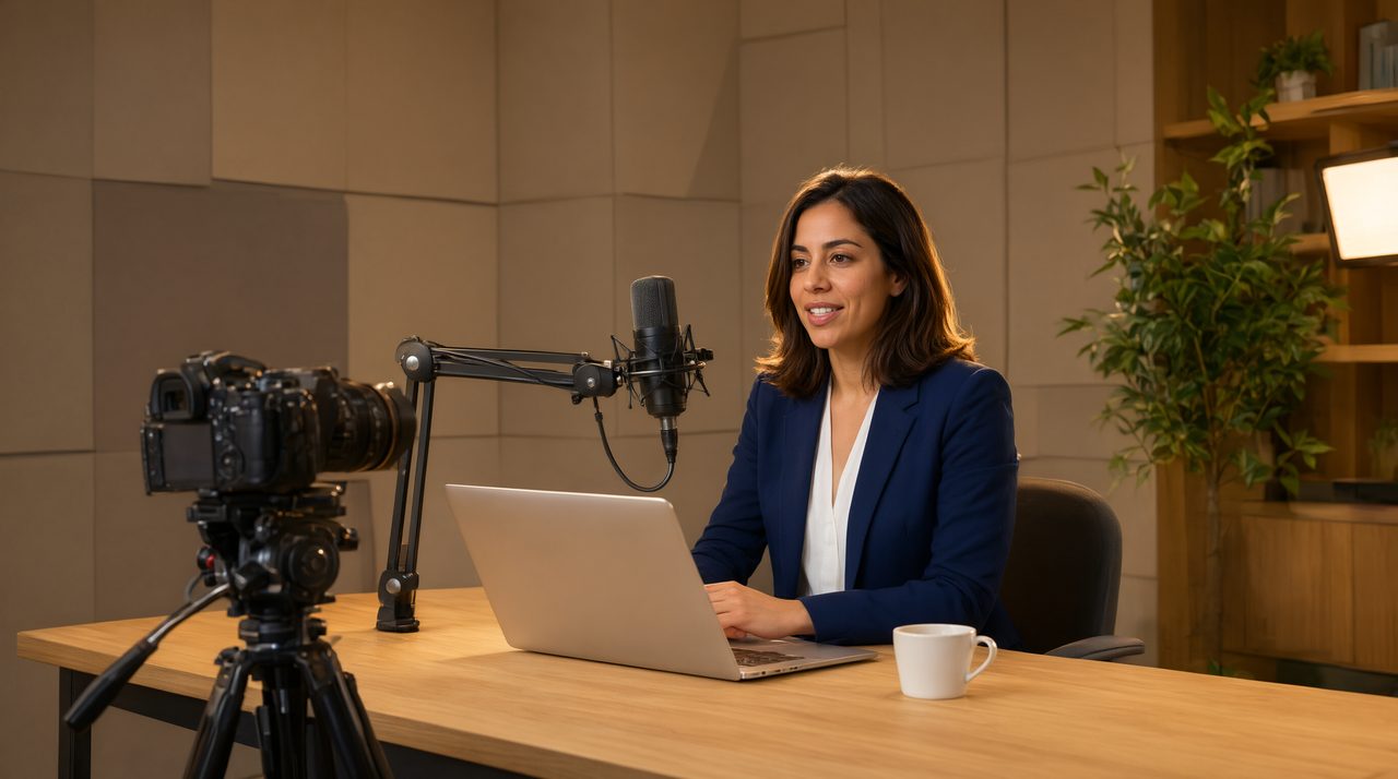 A professional webinar presenter at a studio desk with a camera on a tripod, microphone, and laptop under warm lighting.
