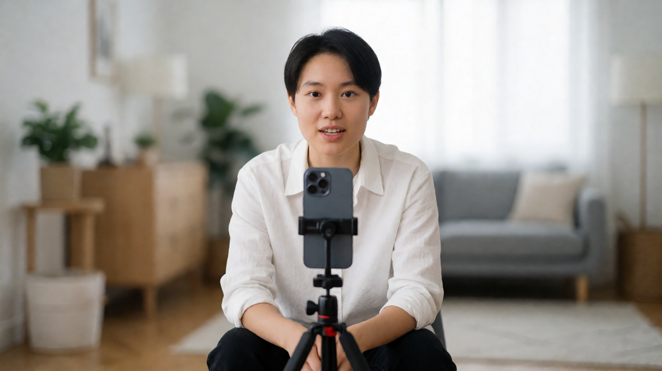 A solo creator filming a YouTube Short into a smartphone on a tripod in a home studio.