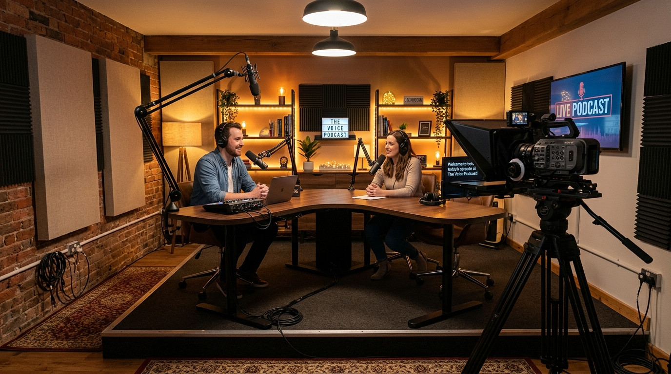 Warmly lit video podcast studio setup with a professional camera behind beam-splitter prompter glass and a broadcast microphone on a boom arm