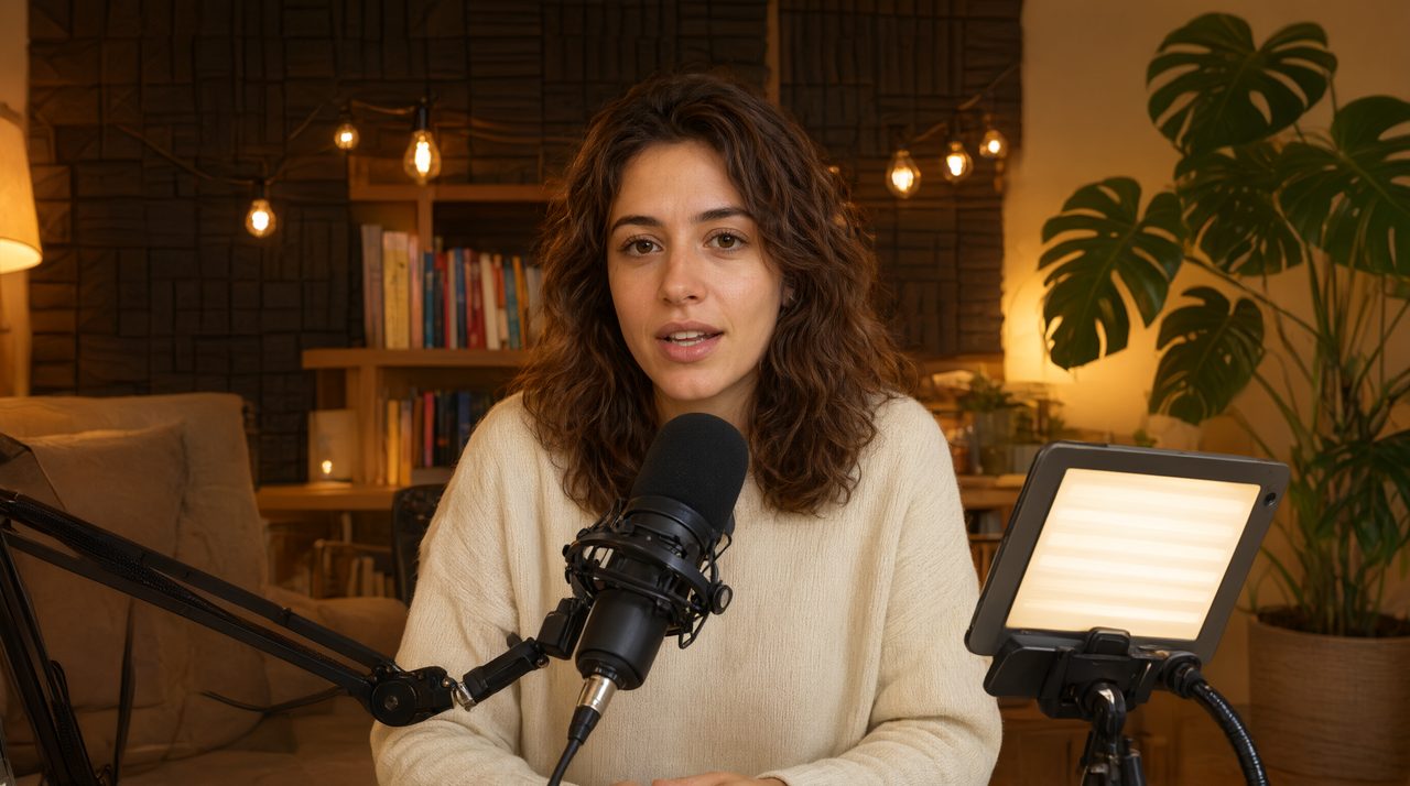 A content creator speaking to the camera in a home studio while a tablet beside the lens glows with teleprompter text.