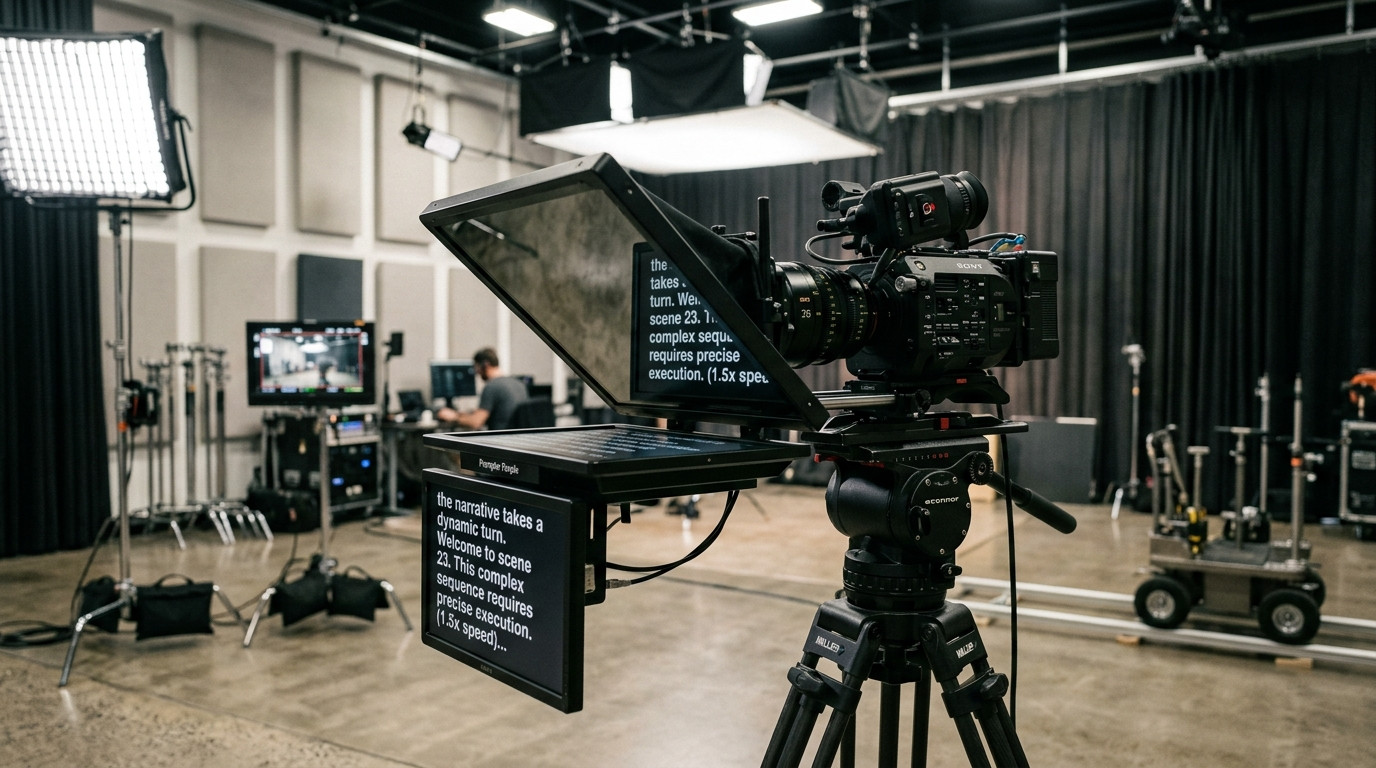 A modern studio cinema camera with a beam-splitter glass teleprompter mounted on a tripod under soft studio lighting